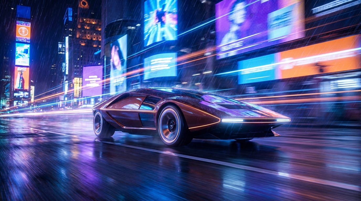A sleek futuristic sports car driving through a neon-lit cyberpunk city at night, heavy rain, reflections on the wet asphalt, dynamic motion blur, hyper-detailed.