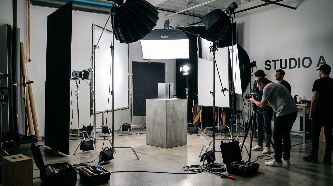 A behind-the-scenes view of a modern photography studio, lighting equipment set up around a central product podium, professional atmosphere, highly detailed, realistic.