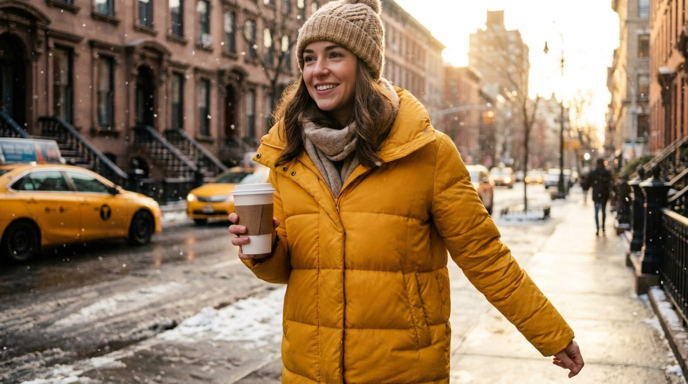 A stylish young woman wearing a bright yellow winter coat, holding a coffee cup, walking down a snowy New York street, cinematic lighting, shot on 35mm lens, realistic textures, vibrant colors.