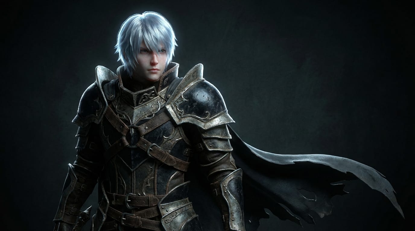 3D render, octane render, close up portrait of a male anime character with silver hair, wearing dark fantasy armor, dramatic studio lighting, subsurface scattering, 8k resolution, highly detailed