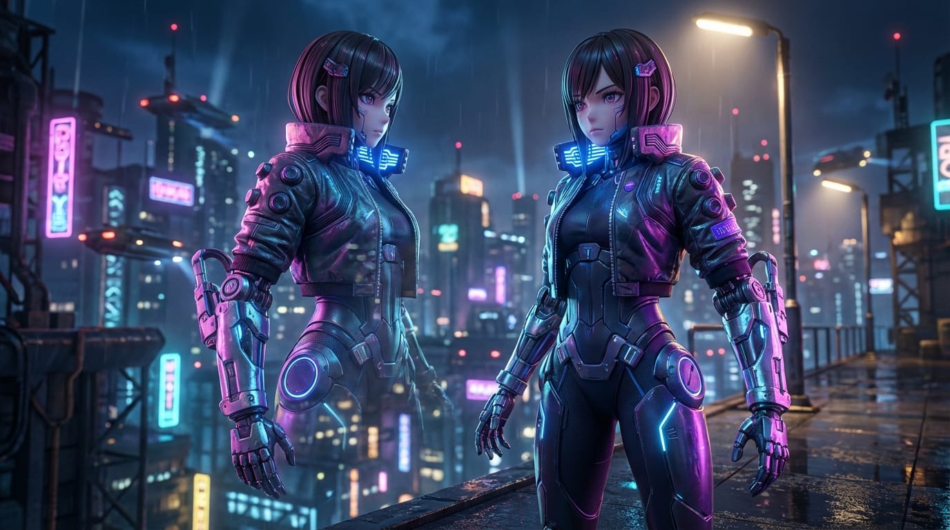 3D render, octane render, unreal engine 5, a highly detailed anime girl with mechanical cybernetic arms, glowing neon accents, cinematic rim lighting, depth of field, 8k resolution, masterpiece