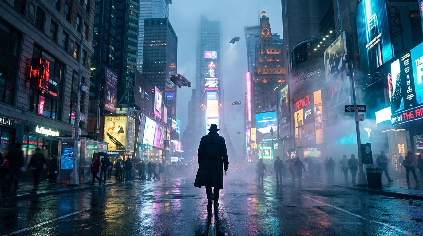 A cinematic wide shot of a futuristic cyberpunk city at dusk, neon lights reflecting on wet asphalt, a lone figure in a trench coat walking away, dynamic tracking shot, highly detailed textures, volumetric fog, 8k resolution, photorealistic.