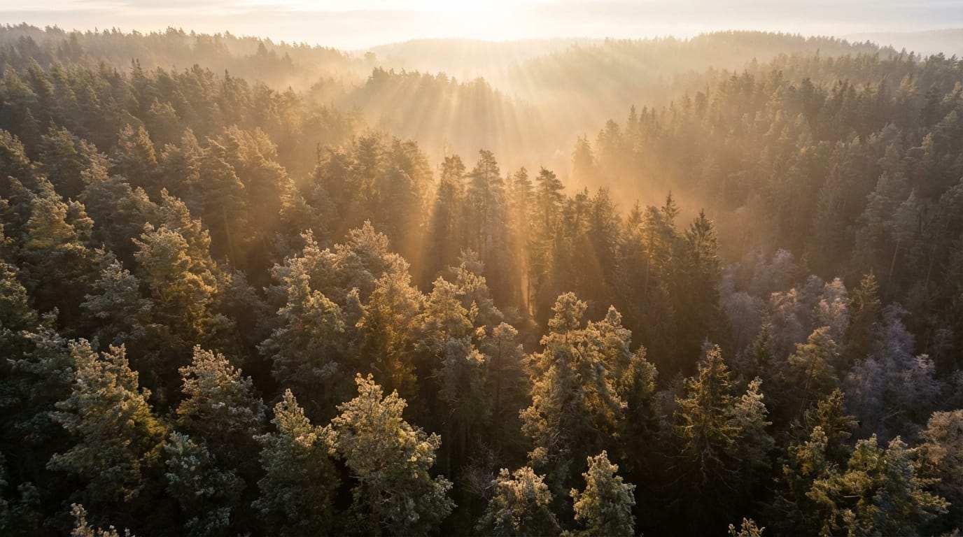 Drone sweeping shot over a dense pine forest covered in morning mist, golden hour sunlight piercing through the canopy, hyper-realistic foliage, smooth cinematic pan, 1080p, highly detailed.