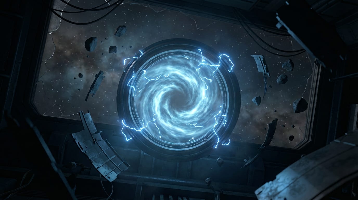 Animate the static glowing portal to slowly rotate, emitting blue sparks, while the surrounding debris gently floats upward in zero gravity, realistic physics, smooth transition, VFX quality.