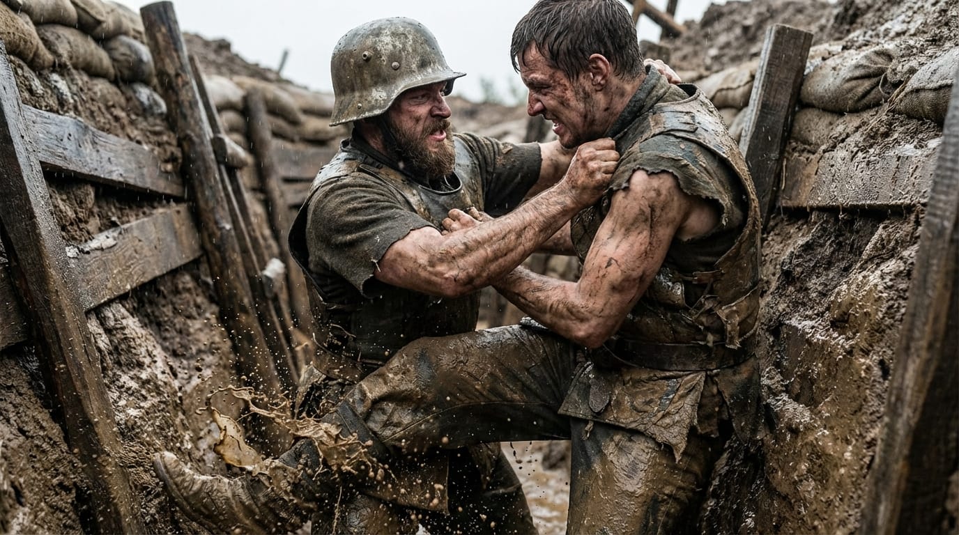 Two warriors engaged in brutal close-quarters combat in a muddy trench, extreme dynamic poses, realistic human anatomy, accurate muscle tension, mud and liquid splashing, torn clothing, intense aggressive facial expressions, photorealistic, gritty cinematic style.