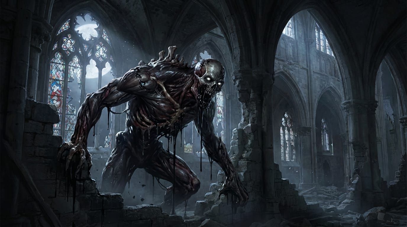 A hyper-realistic dark fantasy concept art of a terrifying mutated creature in a ruined gothic cathedral. Visceral gore details, exposed anatomy, dripping dark liquid, environmental destruction, shattered stained glass, cinematic lighting, 8k resolution, highly detailed textures.