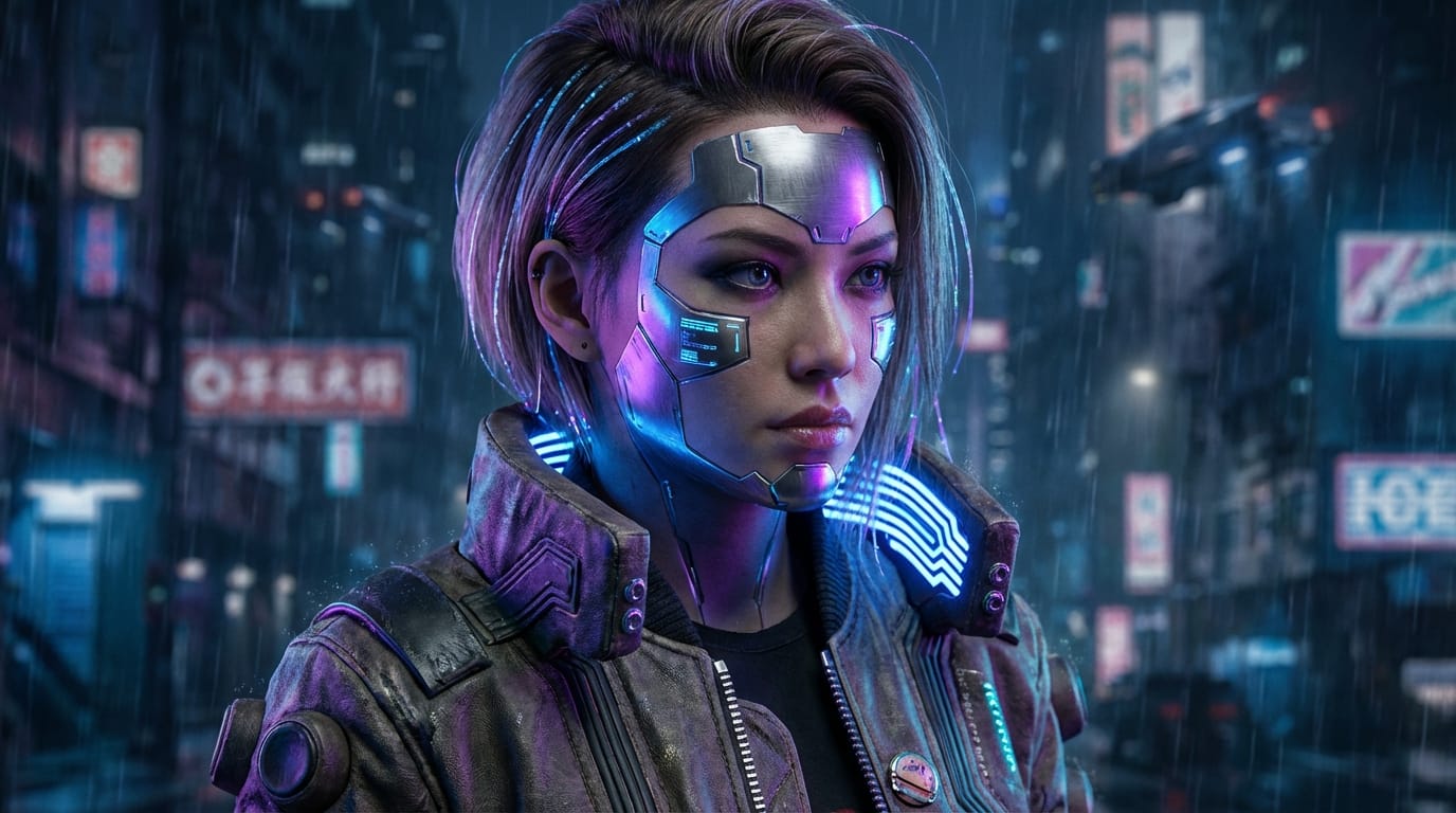 A highly detailed portrait of a futuristic cyberpunk character, 4K high resolution, photorealistic, neon lighting reflecting on metallic facial cybernetics, cinematic composition.