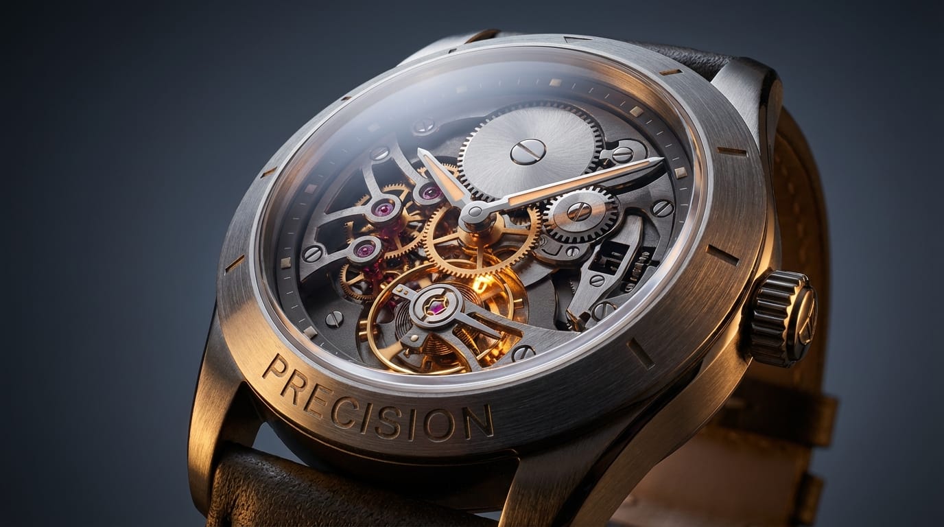 A macro studio photograph of an intricate mechanical watch face, 4K high resolution. The lighting is cinematic and dramatic, highlighting the brushed steel texture and the glowing internal gears. The background is a smooth, dark gradient. Include the text 'Precision' engraved cleanly on the outer bezel.