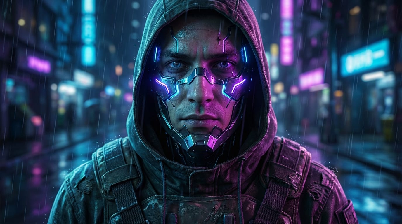 A highly detailed portrait of a futuristic cyberpunk character, 4K high resolution, photorealistic, neon lighting reflecting on metallic facial cybernetics, cinematic composition.