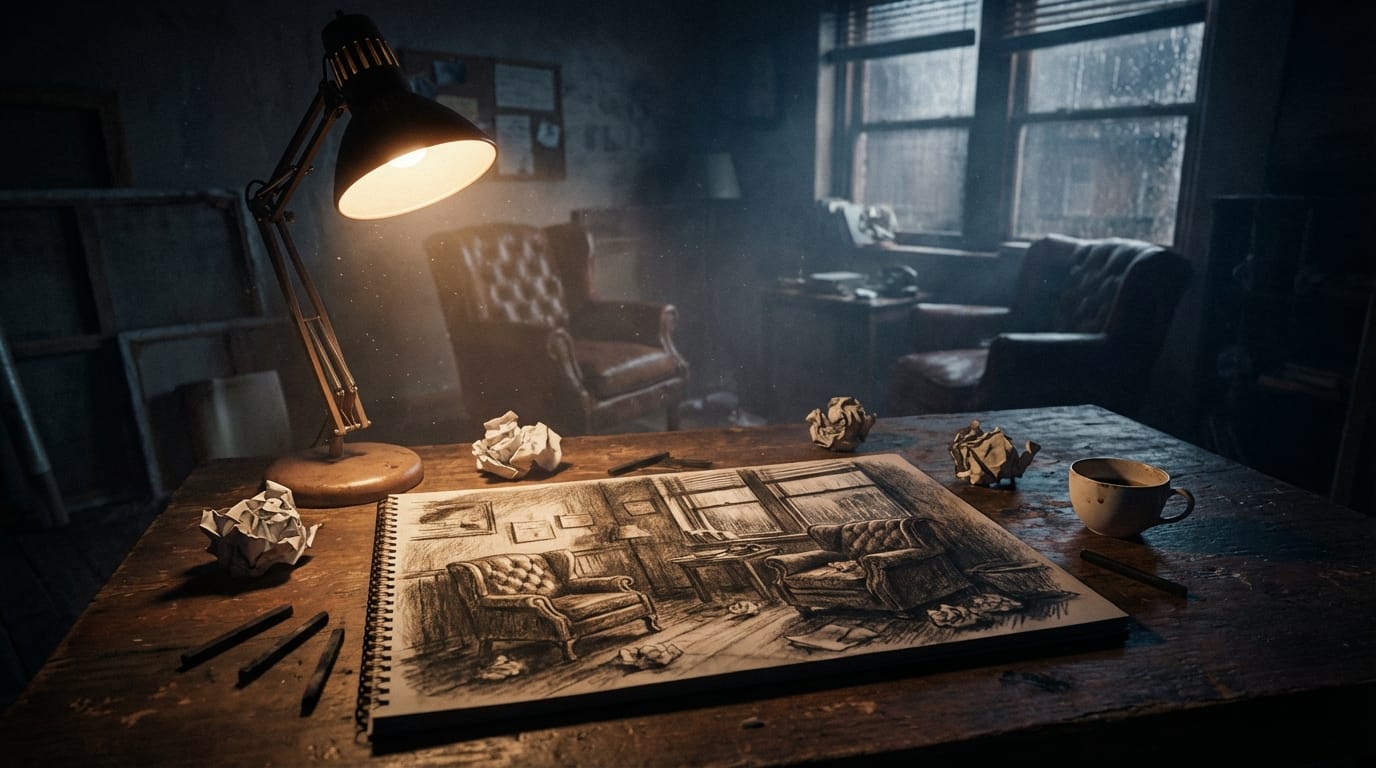 Cinematic lighting, moody atmosphere, cinematic color grading, applying realistic textures to the sketch, high contrast, dramatic shadows.