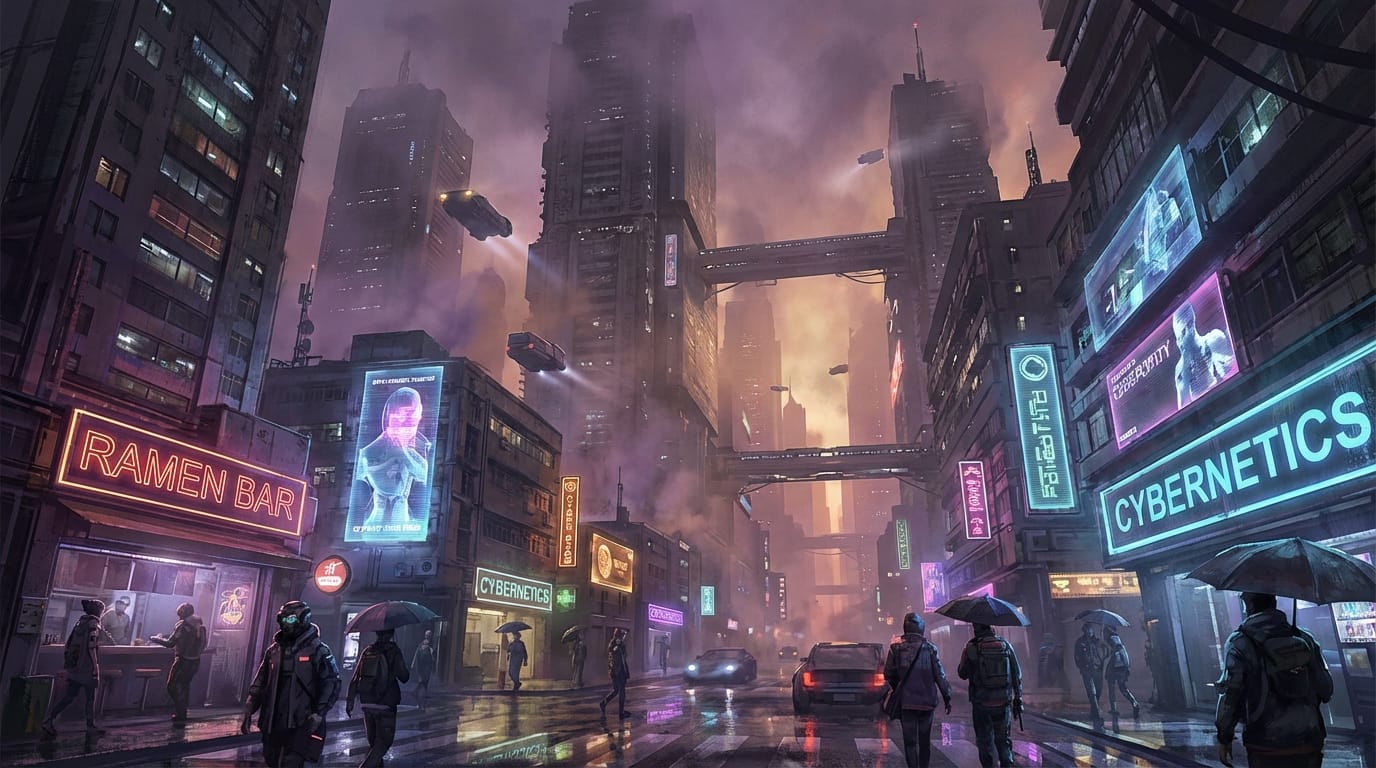 A futuristic cyberpunk city street at dusk, neon lights reflecting on wet pavement, towering skyscrapers fading into smog, cinematic lighting, concept art style, wide angle.