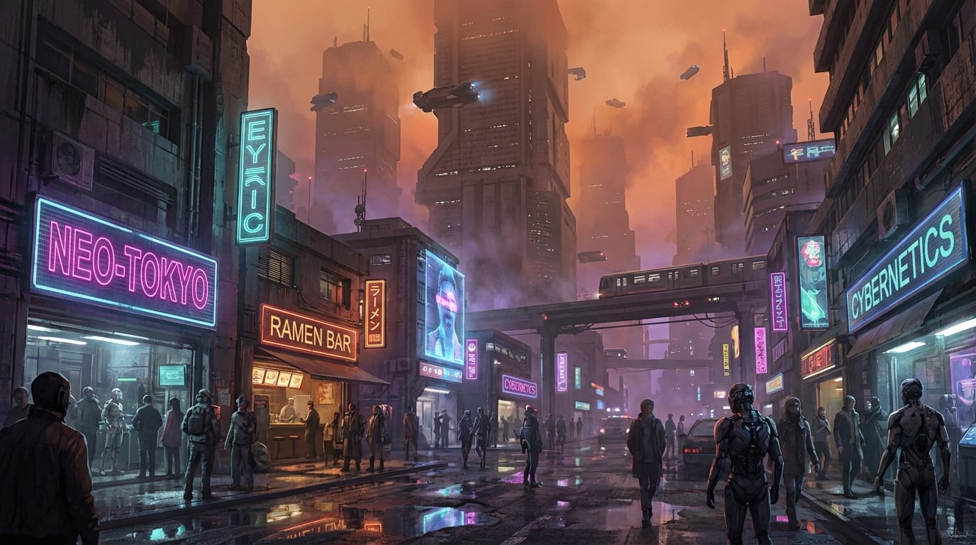 A futuristic cyberpunk city street at dusk, neon lights reflecting on wet pavement, towering skyscrapers fading into smog, cinematic lighting, concept art style, wide angle.