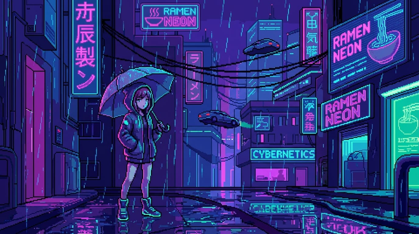 Pixel art style, 16-bit retro game aesthetic, a cyberpunk city street at night, neon lights, a female anime character standing in the rain, intricate background details, limited color palette, sharp pixel edges