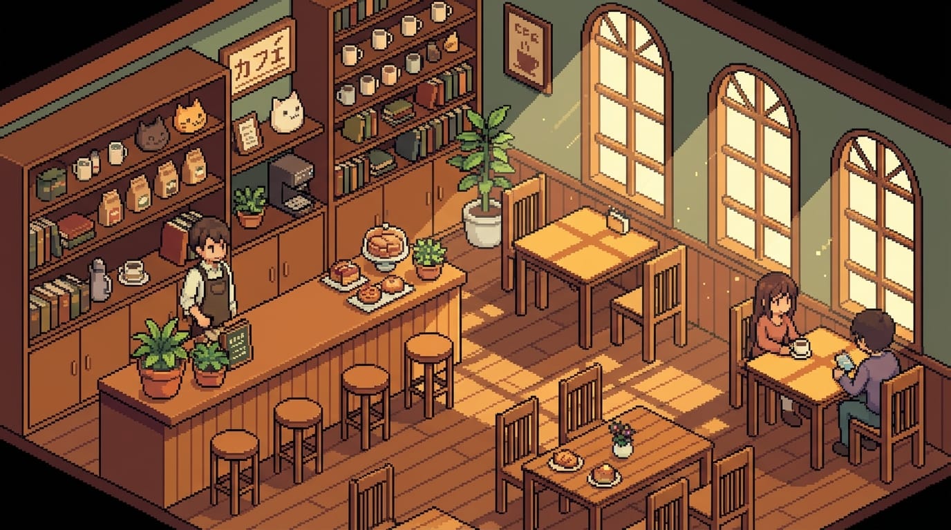 Pixel art style, isometric view of a cozy anime cafe interior, warm sunlight filtering through windows, highly detailed pixel background, 16-bit retro aesthetic, sharp edges, limited palette