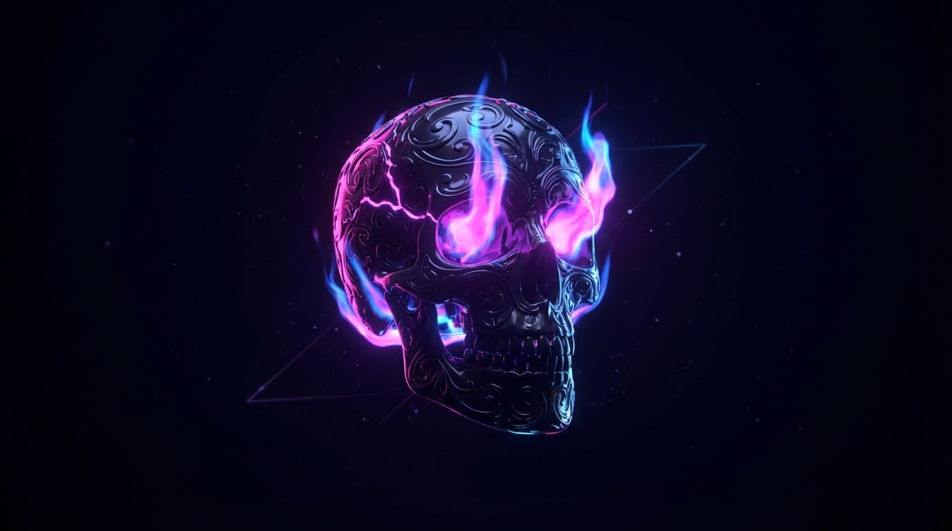 A stylized 3D rendered skull floating in a void, neon pink and blue flames emitting from the eyes, rotating slowly, smooth loop, dark background, high contrast
