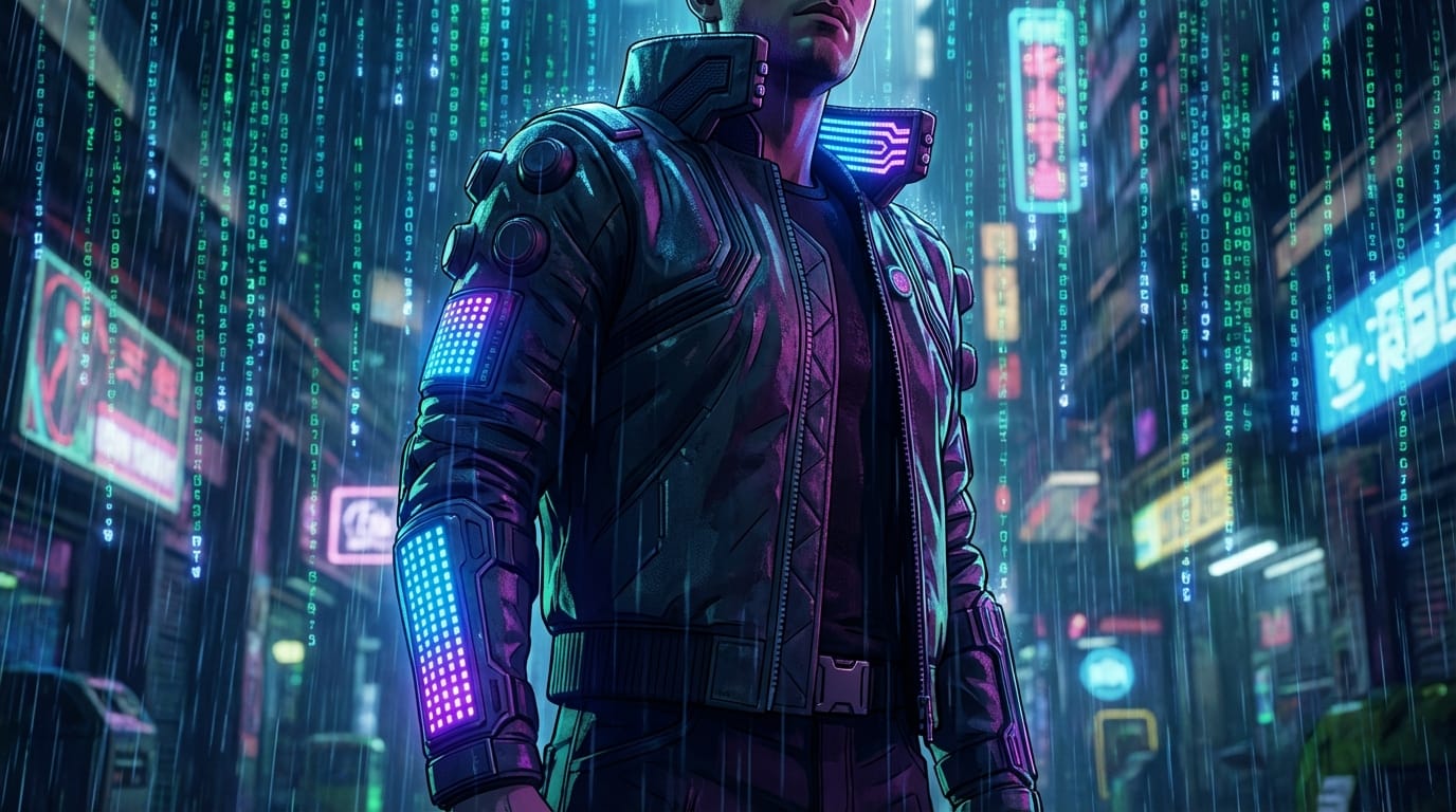 Animate the background with falling digital matrix rain, make the character's glowing jacket pulse with light, subtle camera pan, seamless motion