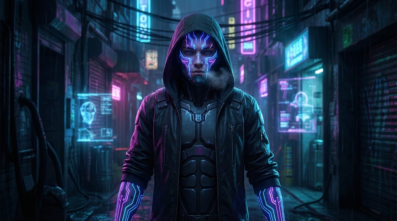 A futuristic cyborg character with glowing neon tattoos looking directly at the camera, subtle breathing animation, dark cyberpunk alleyway background, cinematic lighting, vivid colors