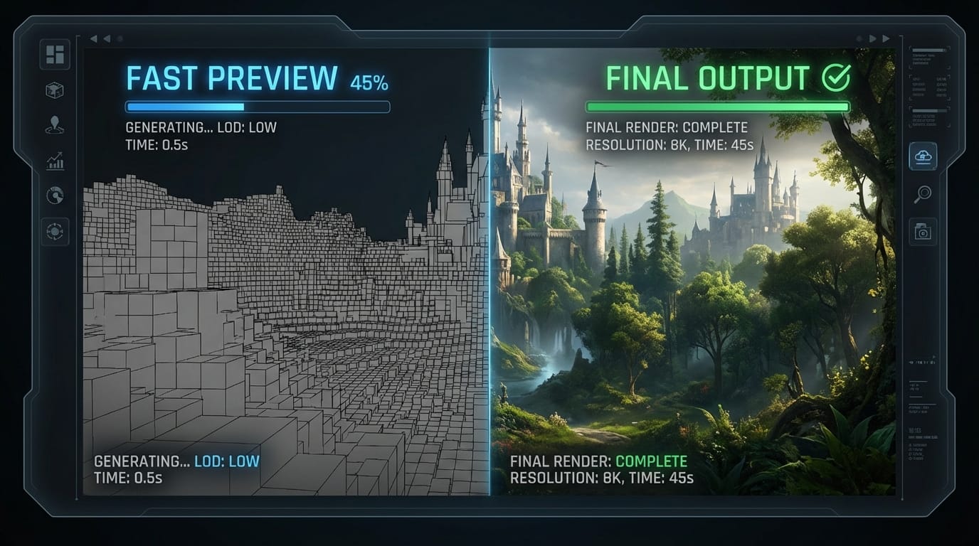 Split screen comparison of digital art generation, left side showing fast rendering process, right side showing highly detailed final artwork, modern UI overlay