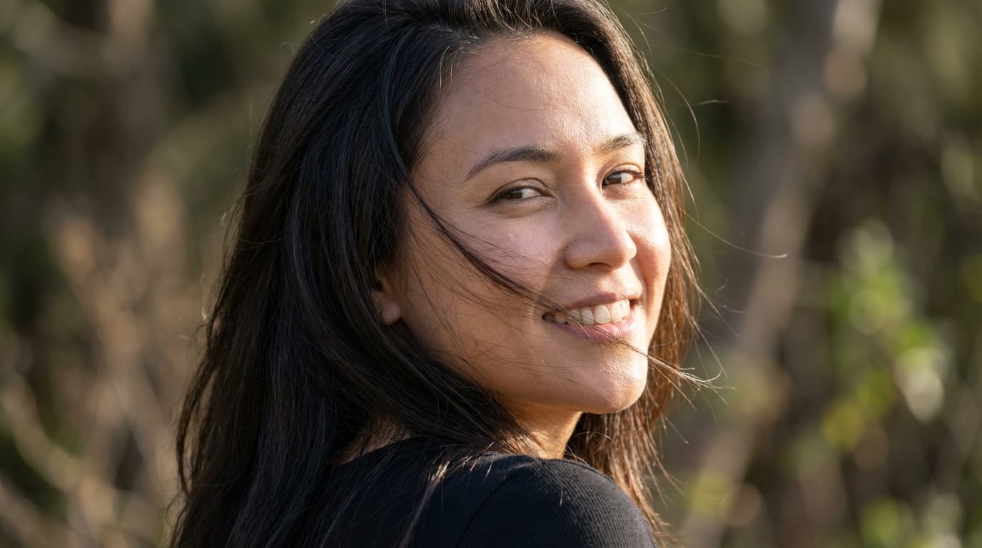 The character in the reference image gently blinks, turns her head slightly to the right, and smiles warmly at the camera. Soft, natural sunlight illuminates her face, hair blowing gently in the wind.