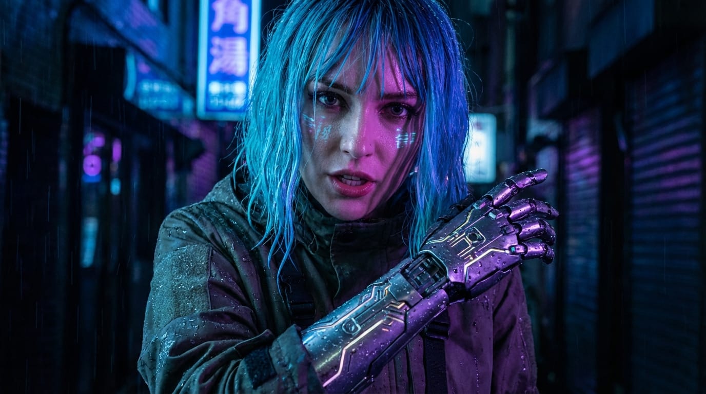 A close-up shot of a cyberpunk female character with neon blue hair and a mechanical left arm, standing in a rainy alleyway. She looks directly into the camera and speaks with natural lip-sync, her expression determined. The neon lights reflect in her eyes.