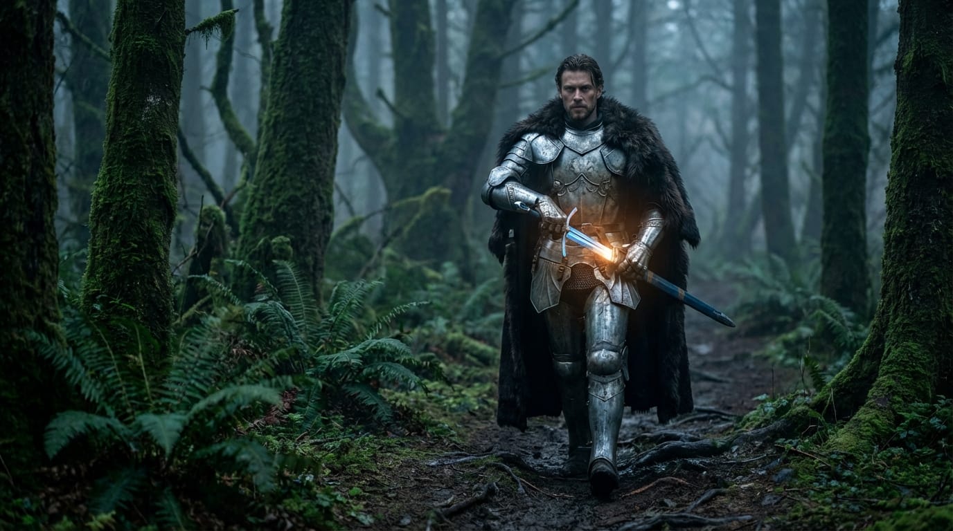 A fantasy male warrior in heavy silver armor walking confidently through a dense, foggy forest. He draws his glowing sword, the camera tracking his movement smoothly from a medium distance.