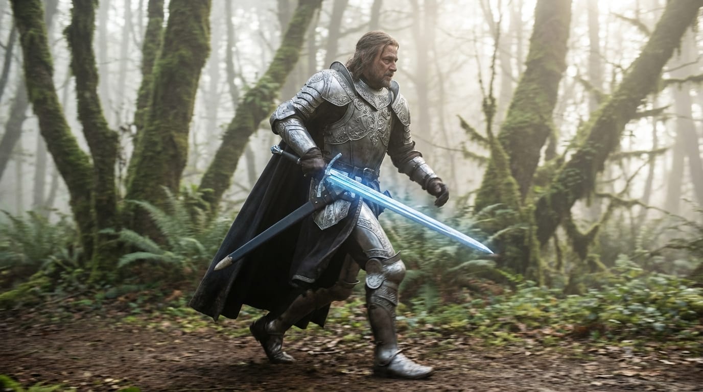 A fantasy male warrior in heavy silver armor walking confidently through a dense, foggy forest. He draws his glowing sword, the camera tracking his movement smoothly from a medium distance.