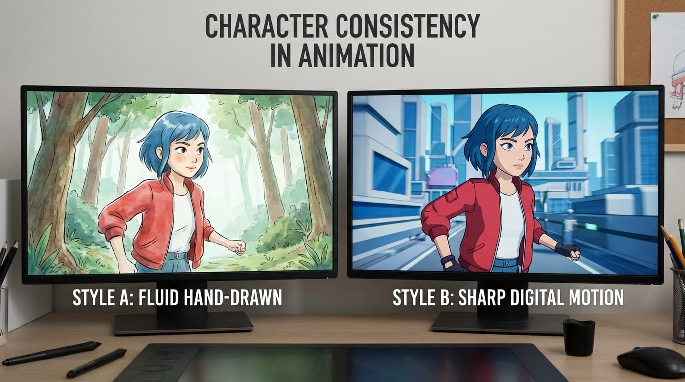 Split screen comparison showing the same character design animated with different movement styles, highlighting consistency.