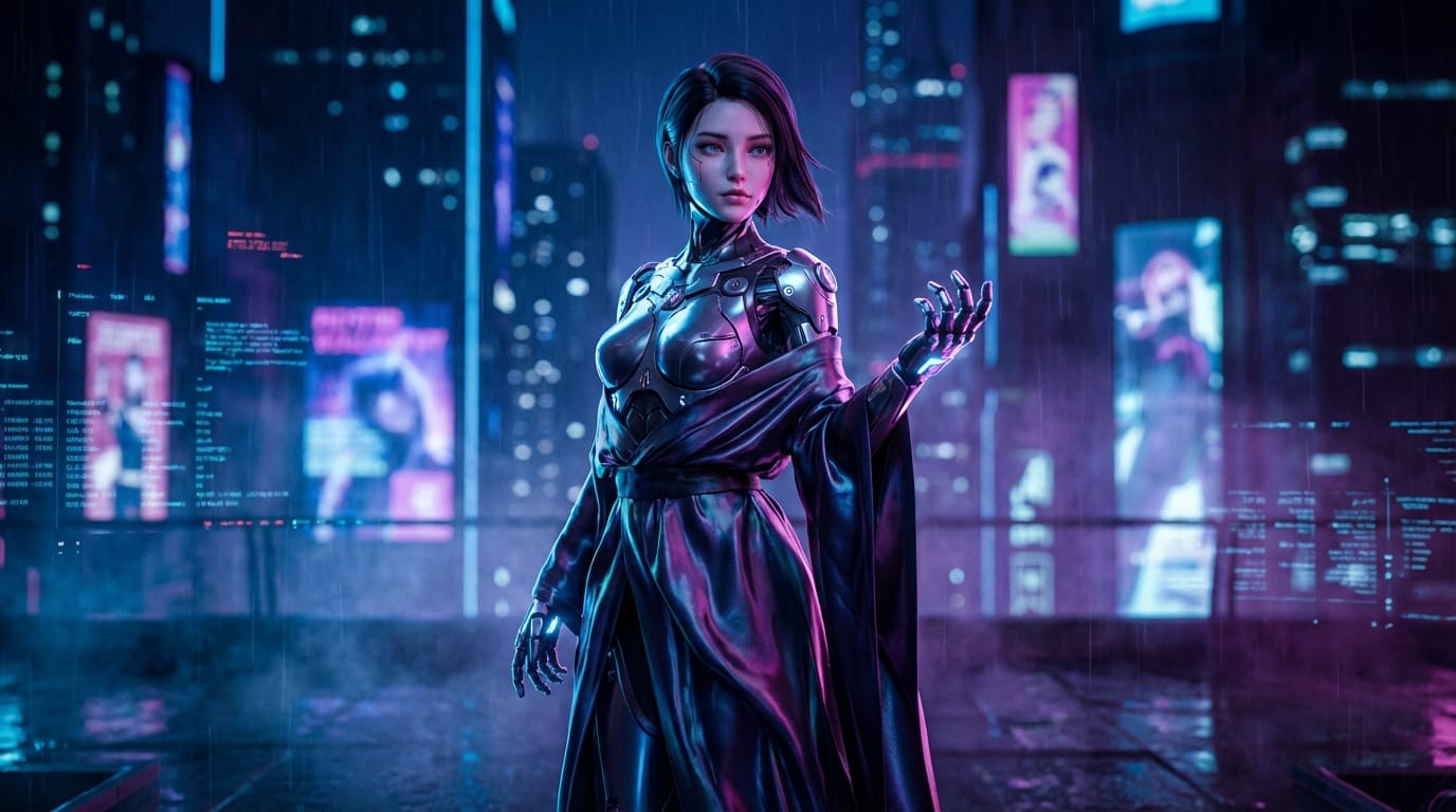 Masterpiece, high-end CG rendering of a virtual idol, cyberpunk style, neon rim lighting, detailed mechanical accessories mixed with flowing silk garments, highly detailed face, professional color grading, cinematic atmosphere, maintaining the original pose and composition.