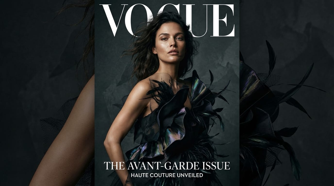 A high-end fashion magazine cover featuring a beautiful female model with realistic skin texture, wearing a multi-layered avant-garde haute couture dress. Dramatic studio lighting, sharp focus, 8k resolution, photorealistic, intricate fabric details, dynamic blowing long hair, dark moody background.