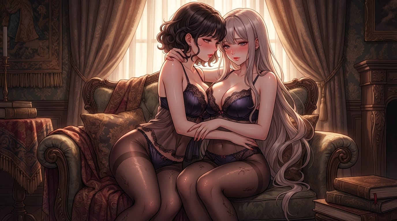2girls, yuri, intimate interaction, highly detailed lingerie, pantyhose, soft cinematic lighting, erotic atmosphere, wet gloss on lips, exaggerated body curves, masterpiece, ultra-detailed anime illustration.