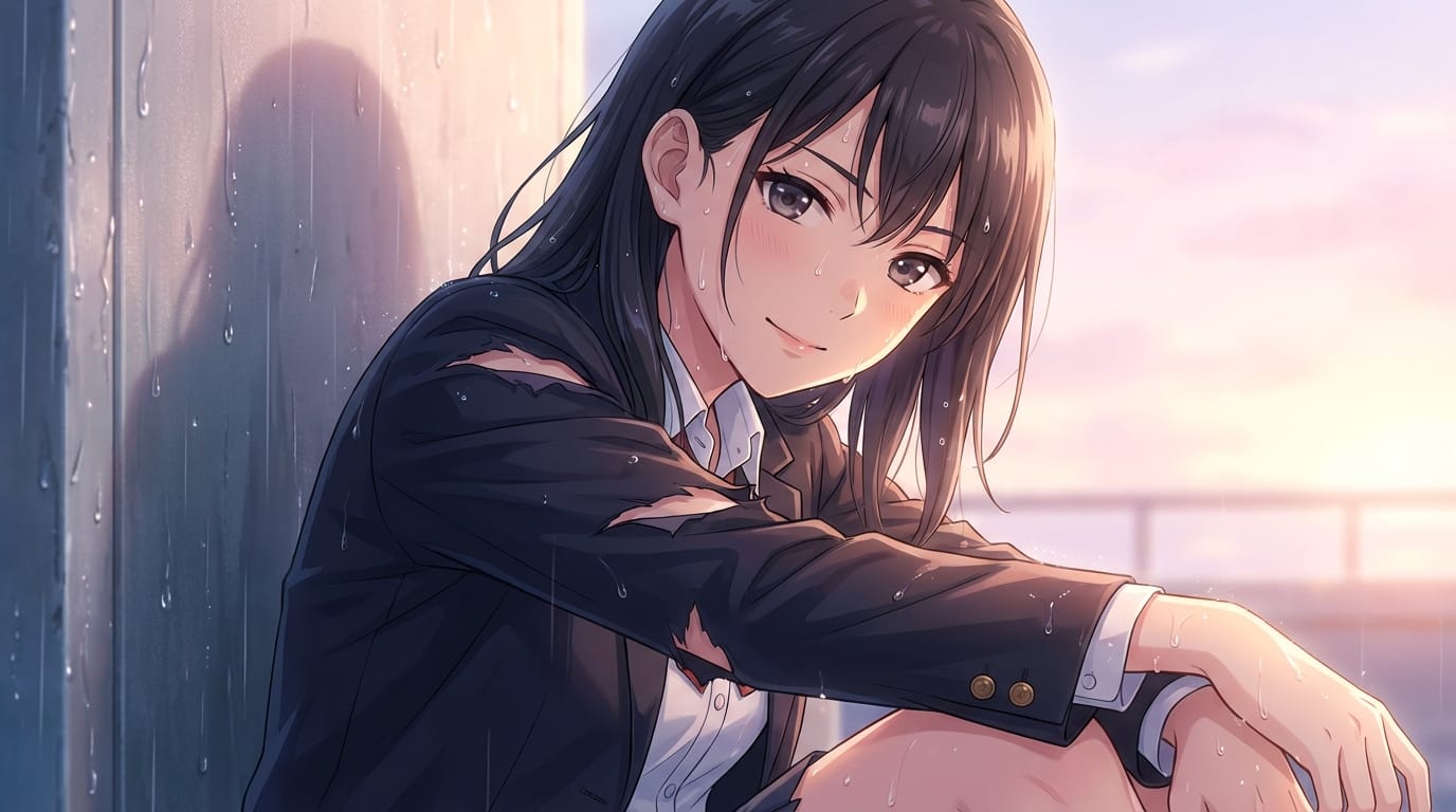 1girl, solo, highly detailed, seductive pose, wearing torn school uniform, wet skin, sweat drops, delicate skin texture, glowing lighting, clean anime lines, vibrant colors, looking at viewer with a subtle provocative expression, masterpiece, best quality.