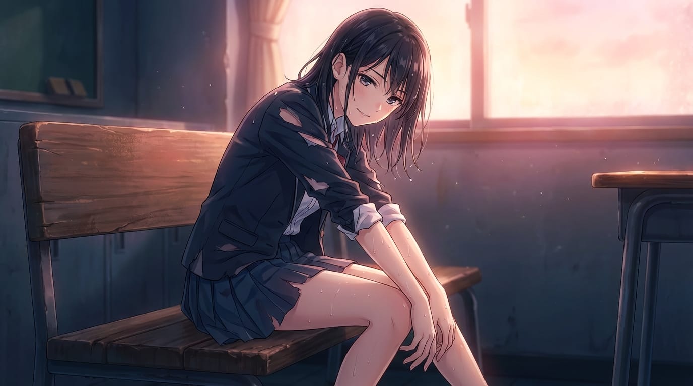1girl, solo, highly detailed, seductive pose, wearing torn school uniform, wet skin, sweat drops, delicate skin texture, glowing lighting, clean anime lines, vibrant colors, looking at viewer with a subtle provocative expression, masterpiece, best quality.