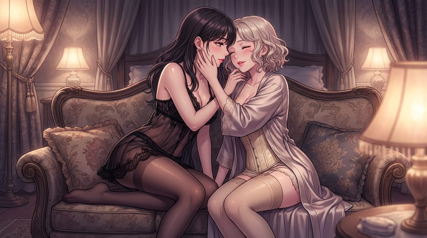 2girls, yuri, intimate interaction, highly detailed lingerie, pantyhose, soft cinematic lighting, erotic atmosphere, wet gloss on lips, exaggerated body curves, masterpiece, ultra-detailed anime illustration.