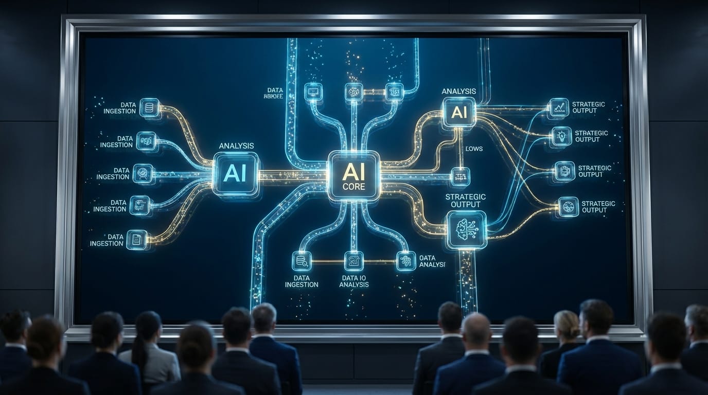 The static flowchart transforms into a glowing 3D schematic, data particles flowing smoothly between the nodes, subtle camera zoom in, professional corporate presentation style.