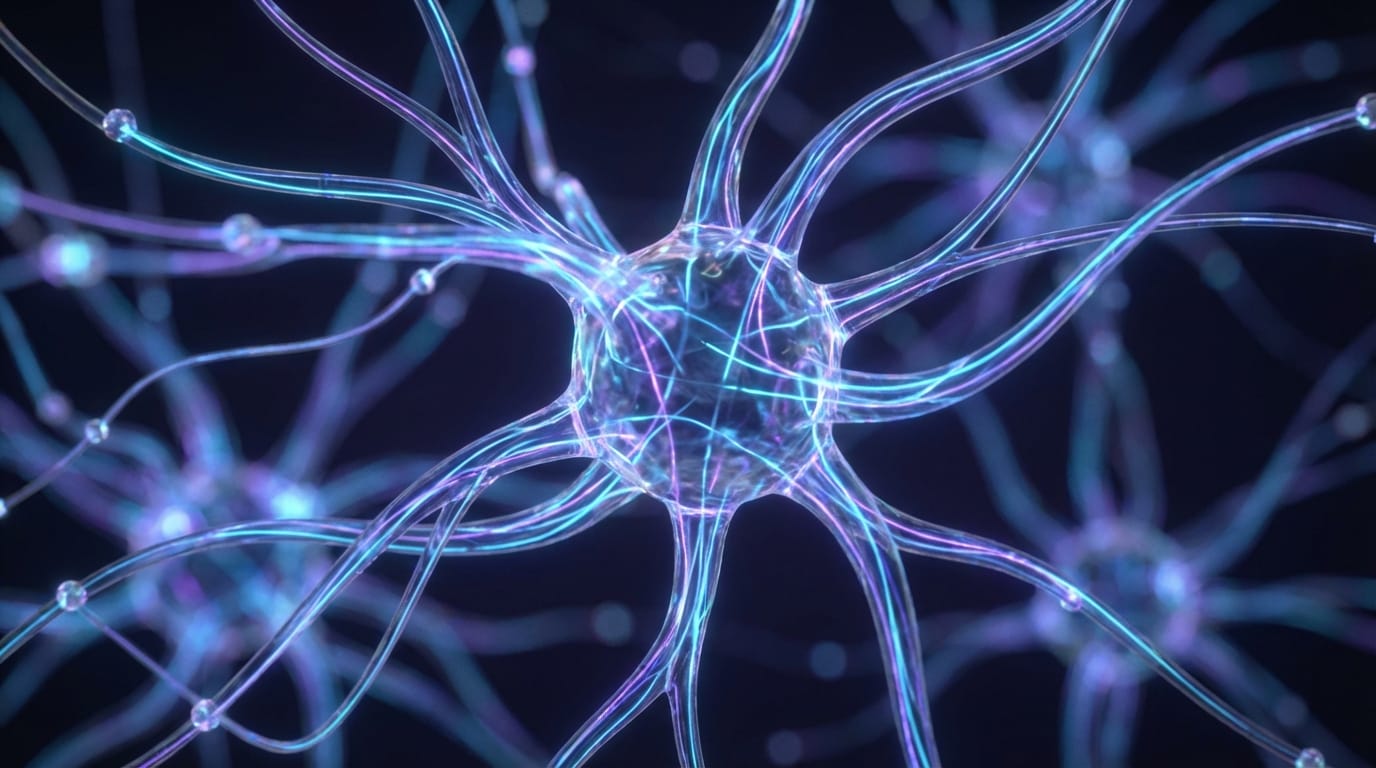 A cinematic macro shot of a glowing artificial neural network, pulsating with neon blue and purple data streams, dark background, 1080p resolution, smooth slow-motion camera pan.