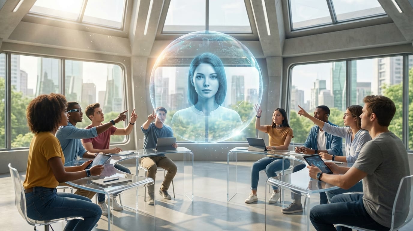 A futuristic classroom where a diverse group of students interacts with a floating holographic AI assistant, bright natural lighting, cinematic depth of field, highly detailed, photorealistic.
