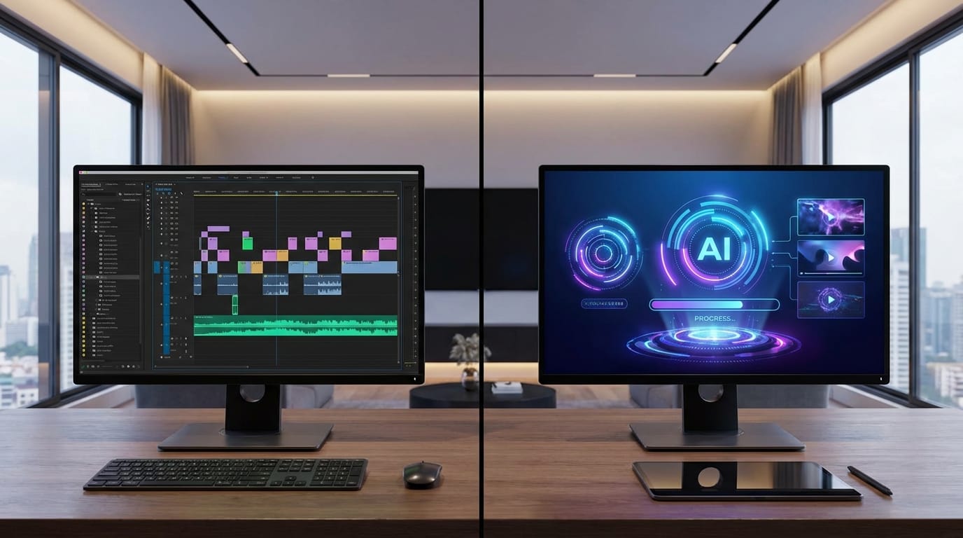 A split screen showing a video editing timeline on the left and a glowing AI video generation interface on the right, modern workspace, 4k resolution