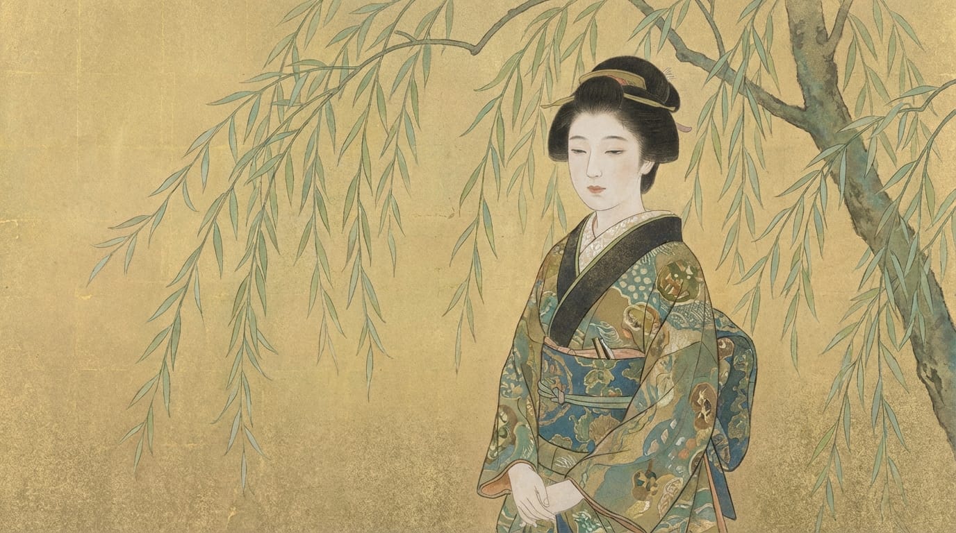 Nihonga style painting of a woman in a traditional kimono standing beneath a weeping willow. Flat shading, mineral pigments, iwa-enogu texture, faded gold leaf background, soft outlines. Subtle motion: the woman slowly blinks, gentle breeze moving the willow branches.