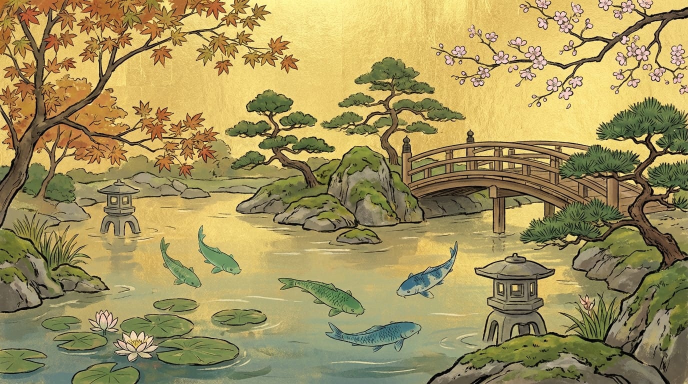 A traditional Nihonga style painting of a serene Japanese garden with a koi pond, flat shading, mineral pigment texture, gold leaf background, delicate linework, subtle cinematic slow pan, high visual stability.