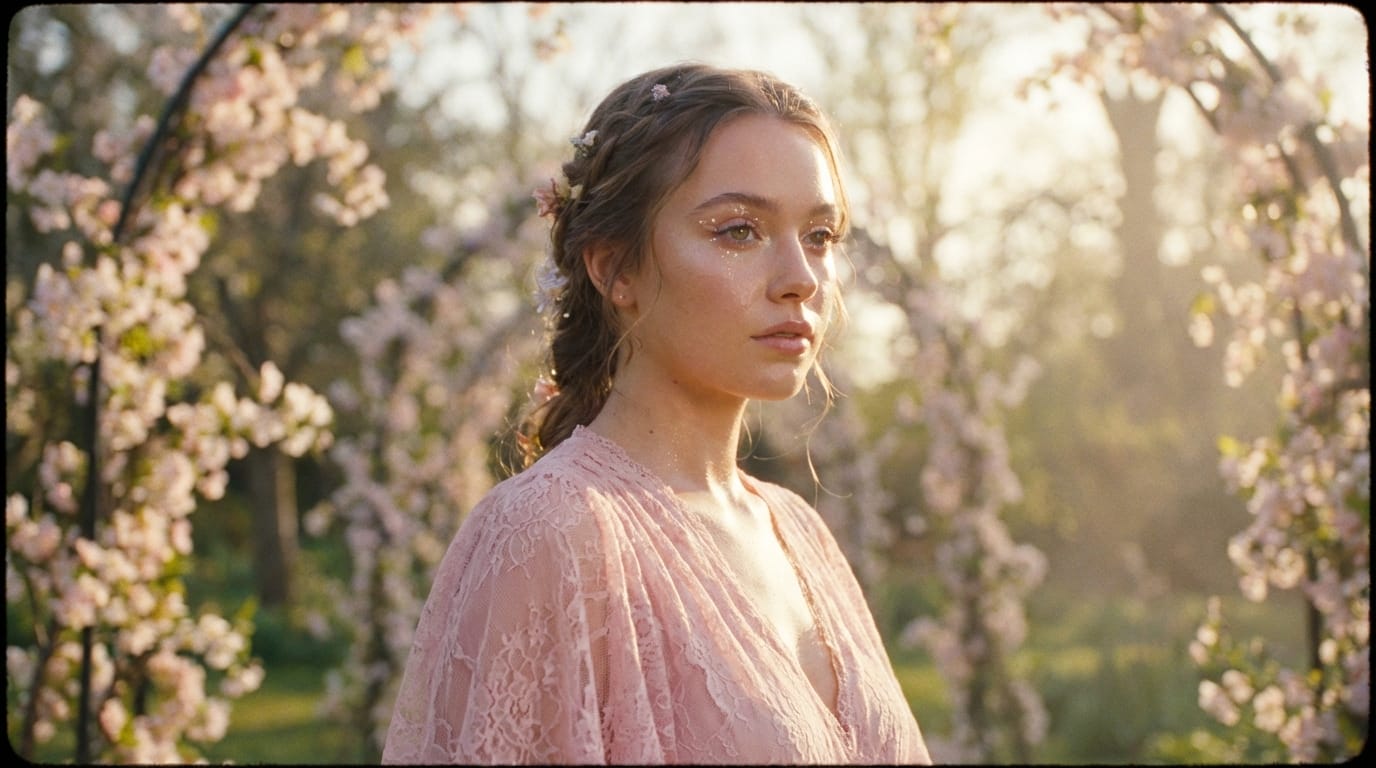 A cinematic video still of a young woman in a pastel pink lace dress, soft diffused lighting, glowing skin, glittering subtle makeup, dreamy romantic atmosphere, Girly Style, highly detailed, 1080p, realistic.