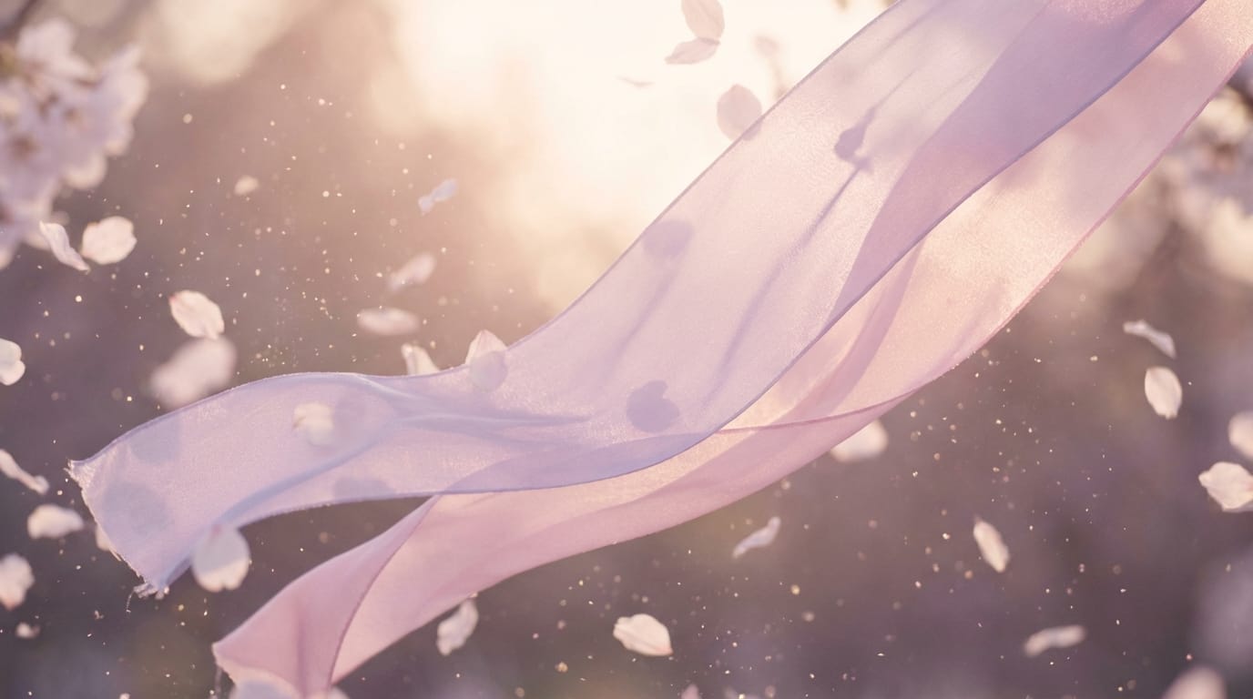 Cinematic close-up shot, slow and gentle camera pan. A delicate silk ribbon blowing softly in the wind, surrounded by floating cherry blossom petals. Soft pastel lilac and baby pink color grading, ethereal backlight, subtle sparkling dust particles in the air. Highly detailed textures, romantic and dreamy Girly Style aesthetic, 1080p photorealistic output, smooth motion.