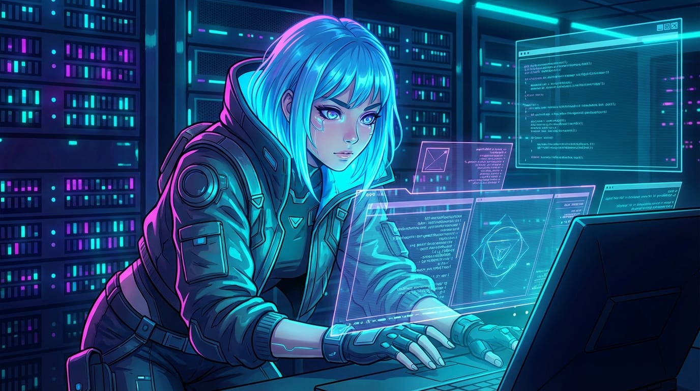 A highly detailed anime style illustration of a female hacker in a futuristic neon lit server room, glowing holographic screens reflecting in her eyes, cool cyan and magenta color palette, intense focus, cyberpunk aesthetic, high resolution