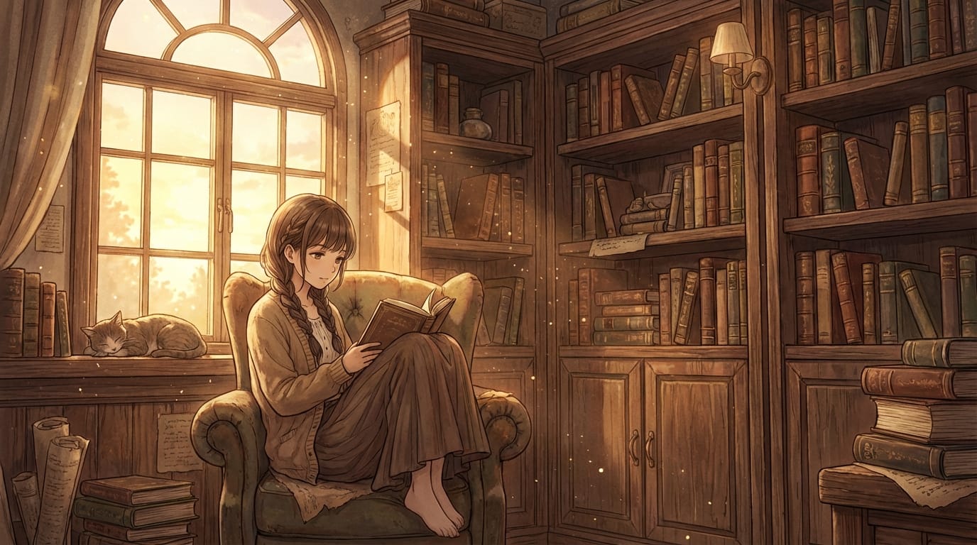 A serene anime illustration of a young woman reading a book by a large window, golden hour sunlight streaming into a dusty antique library, floating dust motes, warm and nostalgic atmosphere, highly detailed textures, masterpiece