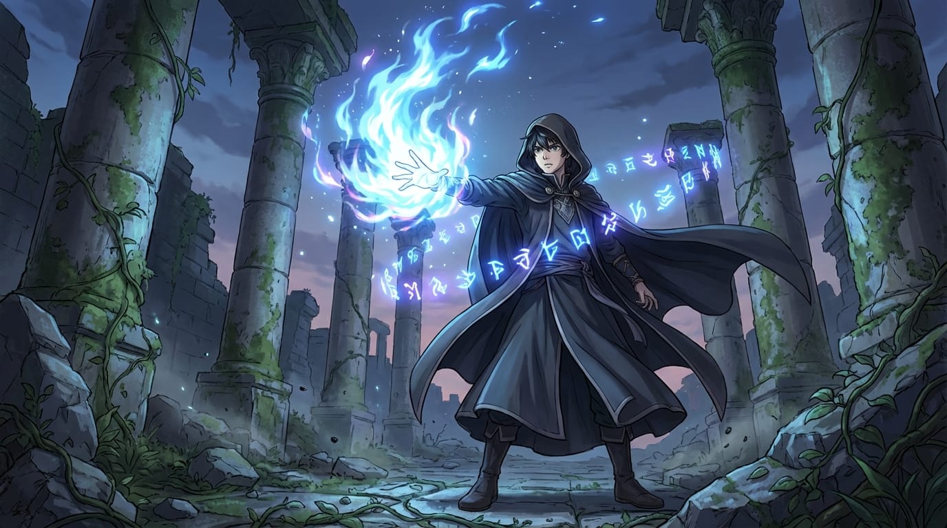 A dynamic anime illustration of a young male sorcerer casting a brilliant blue fire spell, standing in the ruins of an ancient temple, glowing magical runes floating in the air, dramatic low angle shot, cinematic lighting, highly detailed background, masterpiece