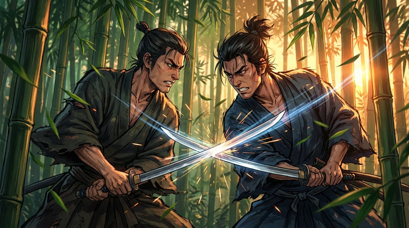 An intense anime illustration of two rival sword fighters clashing blades in a bamboo forest, motion blur on the weapons, falling green leaves, dramatic side lighting, high tension atmosphere, vivid colors, clear focus on the characters faces