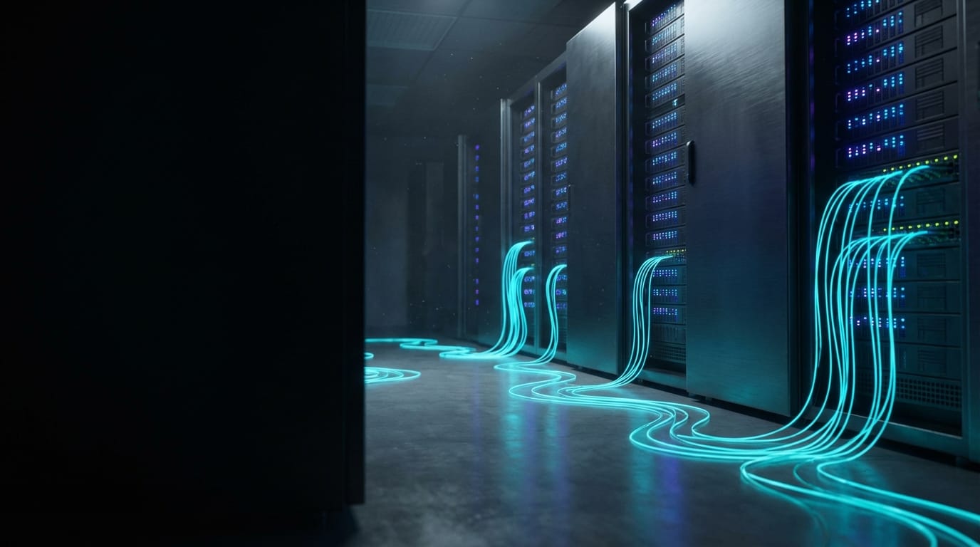 A futuristic server room with sleek dark metal cabinets, glowing cyan fiber optic cables running along the floor, shallow depth of field, dramatic cinematic lighting, extreme wide angle, clean dark space on the left side for website copy, hyper-detailed