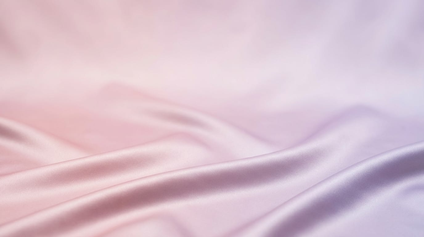 An abstract gradient background featuring smooth flowing waves of pastel pink and soft lavender, silk fabric texture, gentle studio lighting, elegant and luxurious atmosphere, minimalist composition with clear open space in the upper half for typography