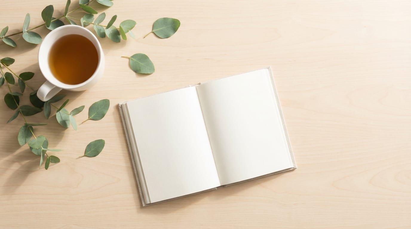 A top-down view of a minimalist wooden desk featuring a white ceramic tea cup, scattered green eucalyptus leaves, and a blank linen notebook, soft morning sunlight, bright and airy aesthetic, ample negative space around the notebook for website text, photorealistic flat lay