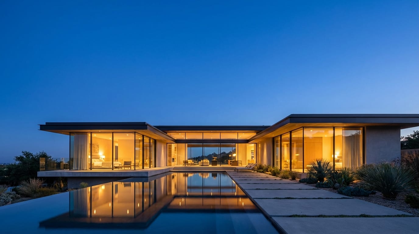 A modern luxury villa with floor-to-ceiling glass windows at twilight, warm interior lighting glowing against a deep blue evening sky, infinity pool reflecting the house, minimalist landscape design, high-end architectural photography, wide composition with empty sky space for headers
