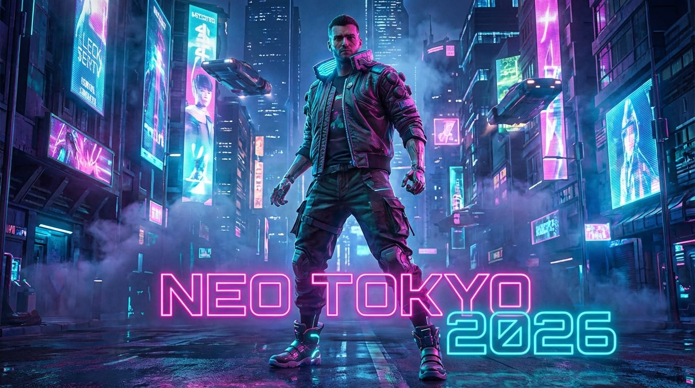 Transform this basic layout sketch into a high-end cyberpunk-themed event poster. Keep the central figure's pose but change their attire to futuristic streetwear. Add glowing neon typography at the bottom reading "NEO TOKYO 2026" in vibrant pink and cyan. Highly detailed, cinematic lighting.